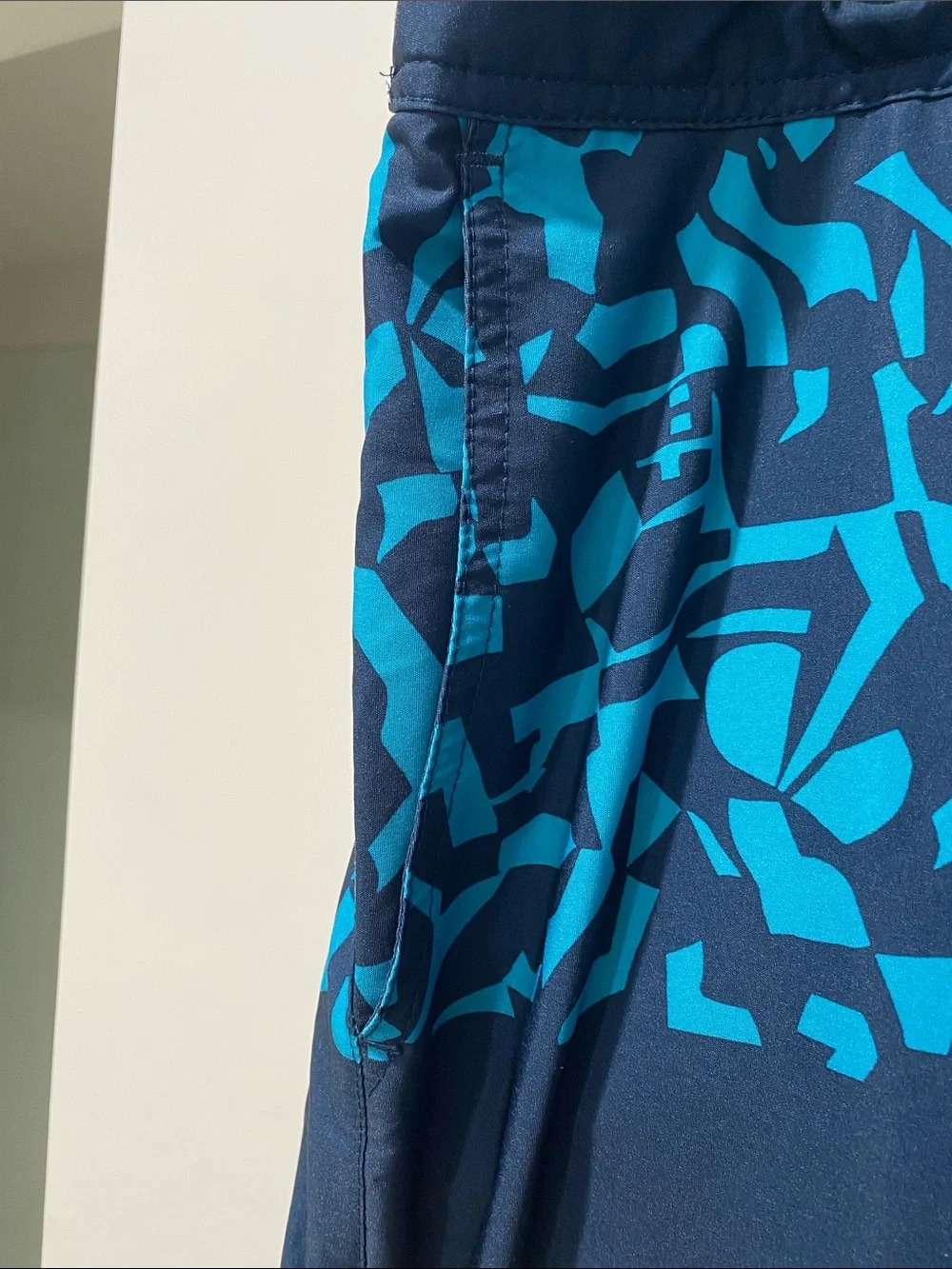 Fair Harbor Navy Board Shorts with Teal Geometric Waist
